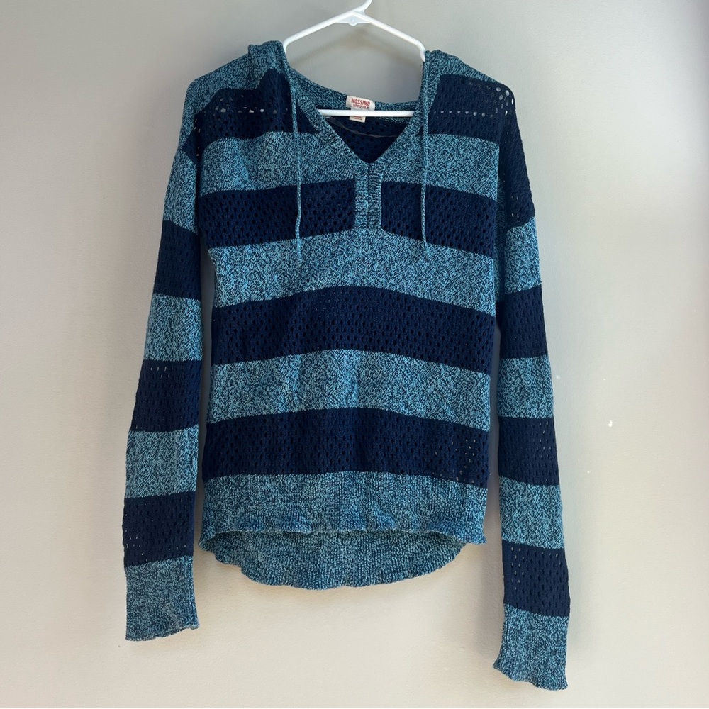 Mossimo Supply Co. Navy Blue and Teal Knit Sweater With Hood Medium (M)